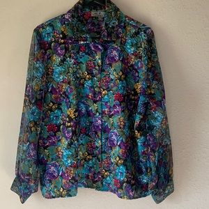 Vintage KE II by Gianna Purple Blue Yellow Floral Rose Button blouse Size 14